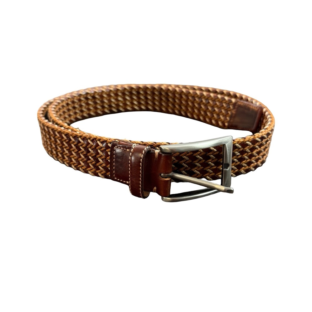 Mezlan Mens Woven Braided Italian‎ Leather Belt Brown Tan 35/40 Silver Buckle